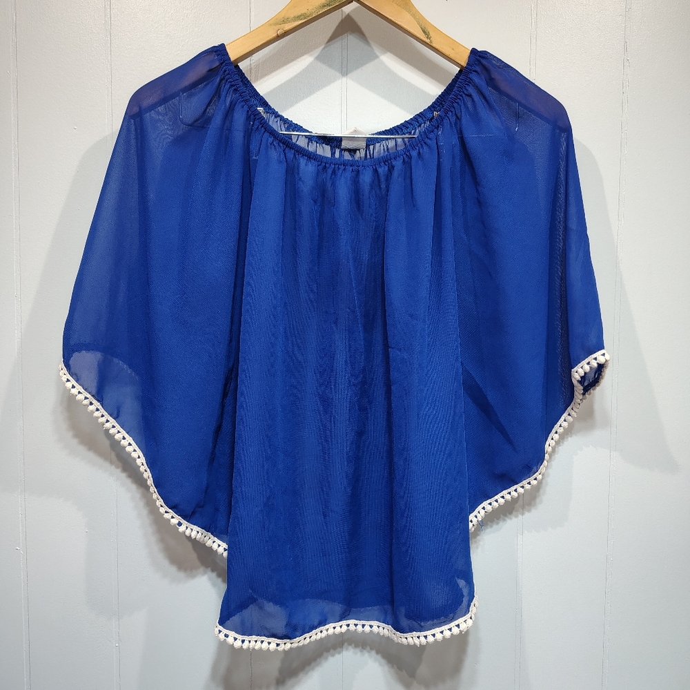R Rouge Blue Sheer Boho Peasant Top Crochet Trim Batwing Sleeve S‎